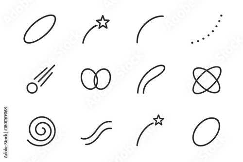 Celestial Line Icons. Celestial lines. Line outline icon set of Celestial lines: orbit arc, star trail, curved