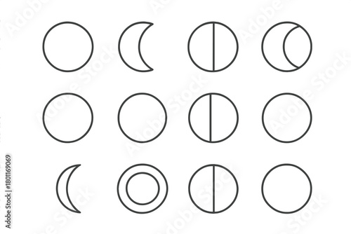 Moon Phases Icons Set. Moon phases. Line outline icon set of Moon phases: new moon, waxing crescent, first