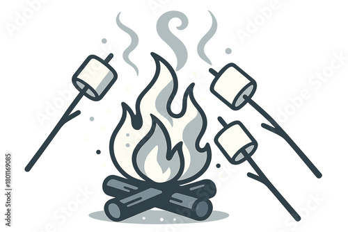 Marshmallow Toasting Scene. Toasting marshmallows. Sticks holding marshmallows stretch toward the flame, steam