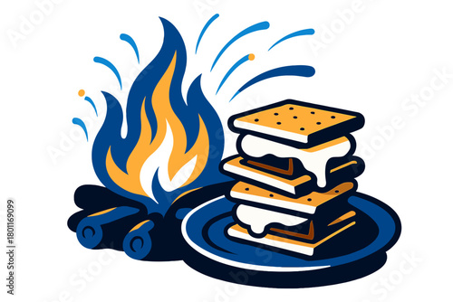 Cozy Campfire S'mores. Crackling fire glow. S’mores rest on a plate as firelight casts sweeping warm