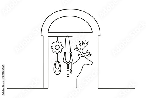 Minimalist Stable Silhouette. Reindeer stable workshop. Minimalistic one-line drawing stable entrance with