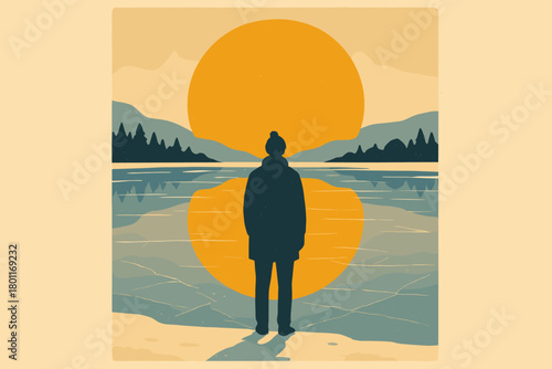 Icy Lake Reflection. Icy lake reflection minimalist flat illustration of a figure near a frozen lake