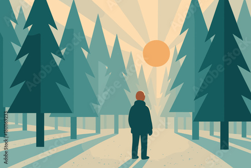 Retro Forest Glow. Frosty forest beams minimalist flat illustration of a person among tall geometric pines