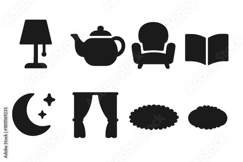 Quiet Evening Icons. Quiet evening. Filled icon set of Quiet evening: dim lamp, tea pot, armchair, book, moon,