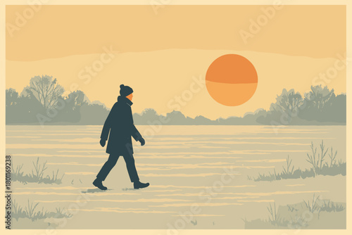 Winter Sunrise Walk. Winter sunrise serenity minimalist flat illustration of a person walking across a frosty