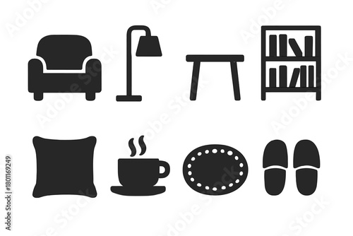 Cozy Reading Icons. Reading nook. Filled icon set of Reading nook: armchair, floor lamp, side table, bookshelf