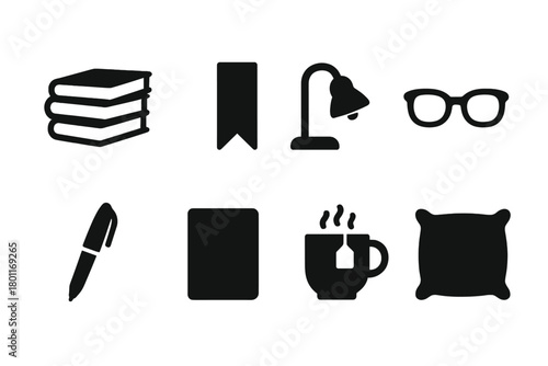 Book Lover's Icons. Book lover’s essentials. Filled icon set of Book lover’s essentials: novel stack, bookmark
