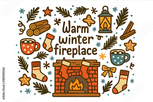 Cozy Winter Fireplace. Warm winter fireplace. Hand-drawn doodle illustration of Warm winter fireplace. stacked