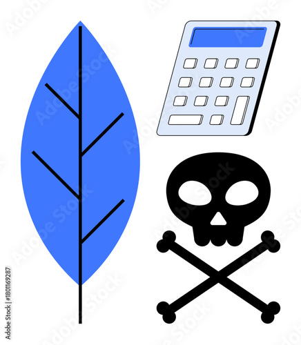 Blue stylized leaf, calculator, and skull with crossbones evoke nature, calculation, and hazard. Ideal for ecology, economics, risk toxicity death caution and sustainability themes. Simple flat