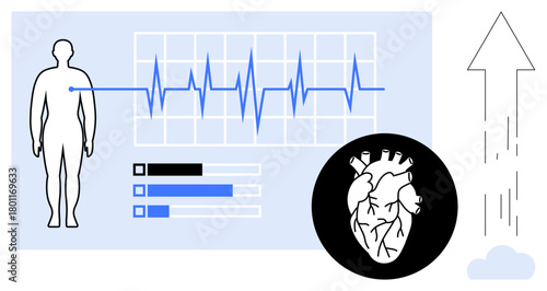 Medical dashboard with human figure, ECG heart rate graph, cardiovascular icon, and progress bars. Ideal for healthcare, fitness, cardiology, diagnostics, technology data visualization simple flat