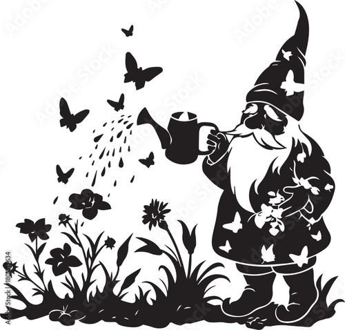Whimsical Garden Gnome & Nature's Embrace: An endearing garden gnome meticulously tends to its flourishing flower bed, watering it with care while butterflies dance around.