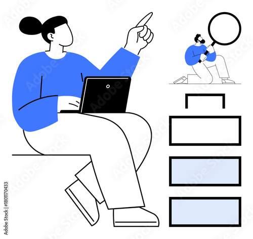 Person with laptop gestures thoughtfully while examining layered hierarchy and teammate inspects with magnifier. Ideal for teamwork, research, analysis, data, organization, strategy, progress. Simple