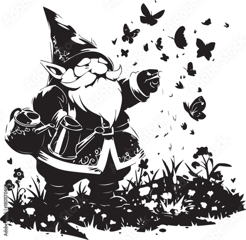 Garden Gnome and Butterfly: A whimsical garden gnome, adorned in a classic hat and beard, showers the air with butterfly in a flourishing garden, embodying the magic of nature.