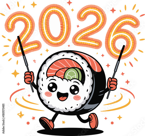 Happy sushi roll character sitting under 2026 celebration sparklers