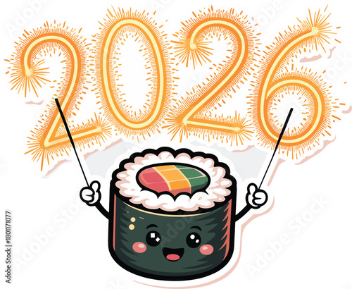Sushi roll character with 2026 sparklers celebrating asian new year