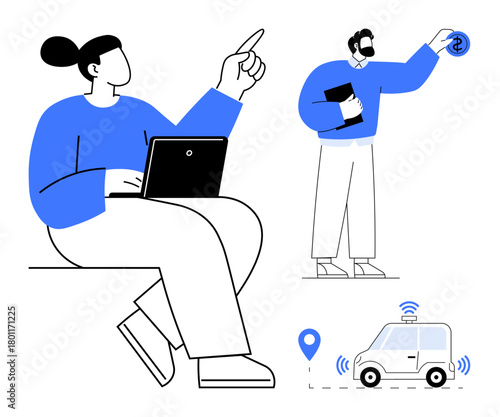 Two people collaborating one using a laptop, another holding a file and gesture marks. Self-driving car with geolocation and wireless signals. Ideal for teamwork, innovation, modern tech, mobility