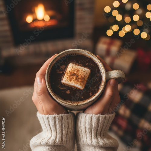 Hands hold a mug of hot cocoa with a marshmallow, set against a cozy fireplace and Christmas lights
