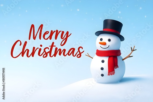 Merry Christmas and Happy New Year Greeting Card with Snowman and Winter Snow Landscape Copy Space