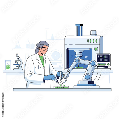 Scientist in lab coat working with robotic arm isolated on, conducting research and experimentation with advanced technology and scientific equipment
