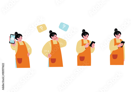 スマホを操作する主婦のイラストセット