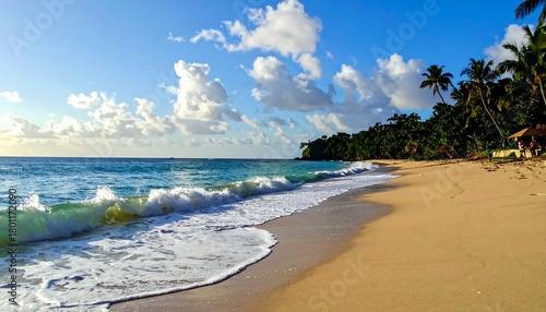 Idyllic Tropical Beach Scene with Turquoise Water and Palm Trees.