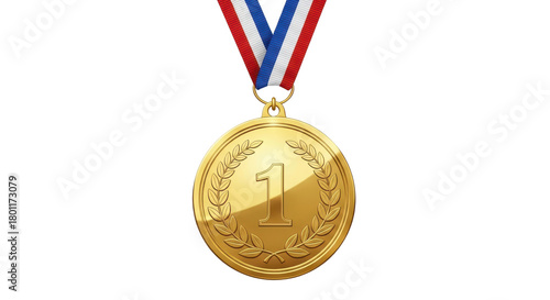 Realistic shiny gold medal first place award with red, white, and blue ribbon isolated PNG with Transparent Background