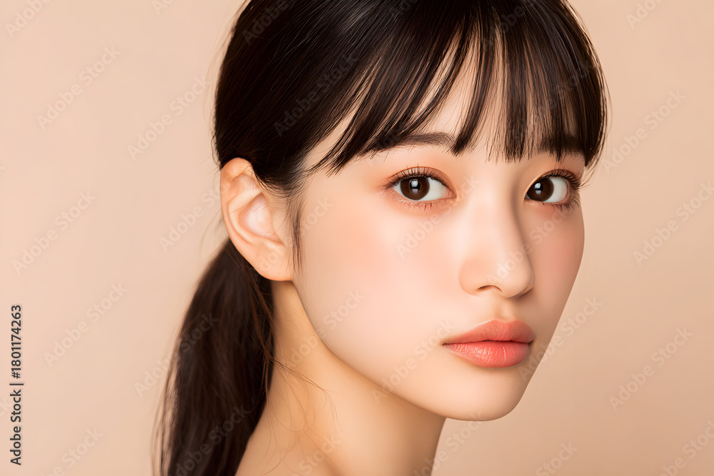 Fototapeta premium ベージュ背景の若い女性ビューティーポートレート、素肌感を生かしたベースメイククローズアップ