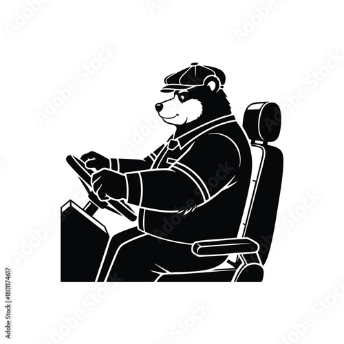 Bear Driver Driving Car Silhouette In Taxi Company On White Background Vector Graphic