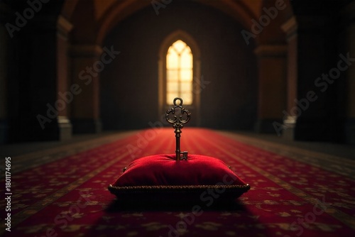 A solitary, antique key resting on a velvet cushion inside a dimly lit, ornate vault chamber, emphasizing rarity and exclusive access. A dimly lit, richly decorated vault chamber. A single,