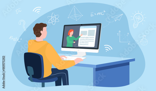 A student engaged in online learning. He's sitting at a desk, watching a video lecture on his computer. Surrounding the scene are various scientific and mathematical symbols, highlighting the subject.