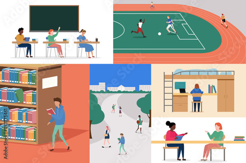 Collage of various aspects of student life, encompassing classroom learning, sports and recreation, library study, campus life, and dorm room activities. It represents a holistic view of the student e