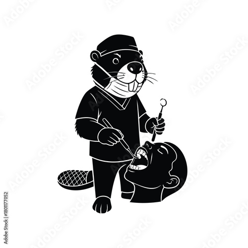 Beaver Dentist Treating Patient Silhouette In Clinic On White Background Vector Illustration
