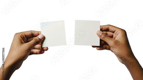 Two hands hold blank sticky notes isolated on transparent background, ready for a message or reminder to be written down