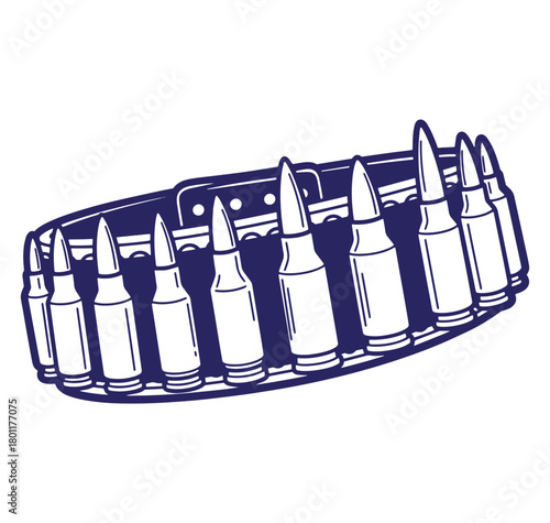 Illustration of a belt of ammunition cartridges in a clean simple navy blue and white design.
