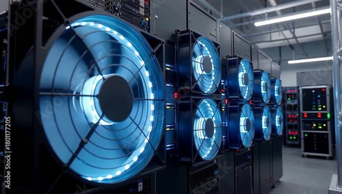 Rows of large blue-lit cooling fans in a modern data center or server room, indicating advanced technological infrastructure.