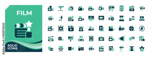 Set of Film colorful solid icon. Contains related to theater, television, movie, multimedia and more. Icons for UI designs. Cinema icon set.