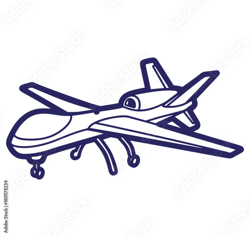 Stylized blue outline illustration of a modern unmanned aerial vehicle or drone in flight