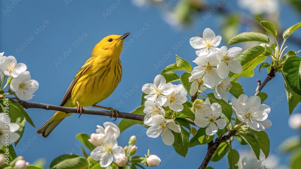 Fototapeta premium Vibrant yellow warbler perched gracefully on a blossoming branch, its plumage contrasting beautifully with the delicate white flowers against a clear blue sky