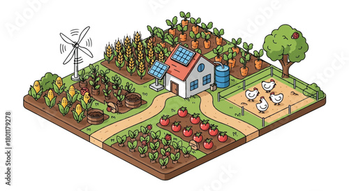 Isometric farm landscape featuring fields, windmill, house, garden, and animals on a rural property.
