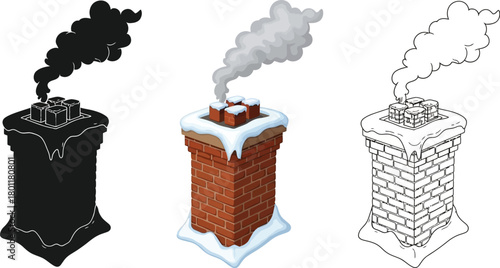 Three styles of chimney with smoke, including color, silhouette, and line drawing
