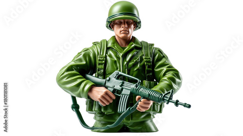 Toy Soldier Ready for Duty: A detailed shot of a toy soldier, dressed in a classic green uniform, holding a rifle, poised for action, recalling childhood adventures and the spirit of courage