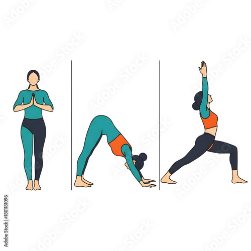 Yoga Poses Flow Sequence Line Art: Tadasana to Downward-Facing Dog to Warrior I. Minimalist Black and White Vector Illustration for Fitness, Wellness, and Studio Branding.