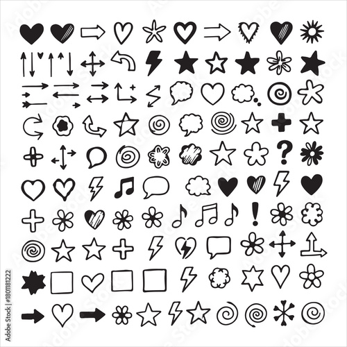 Hand-Drawn Doodle Icons Set – Hearts, Stars, Arrows, Symbols & Decorative Sketch Elements