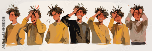 Vecteur d'un jeune homme aux cheveux ébouriffés exprimant le stress et la confusion avec des gestes de la main.