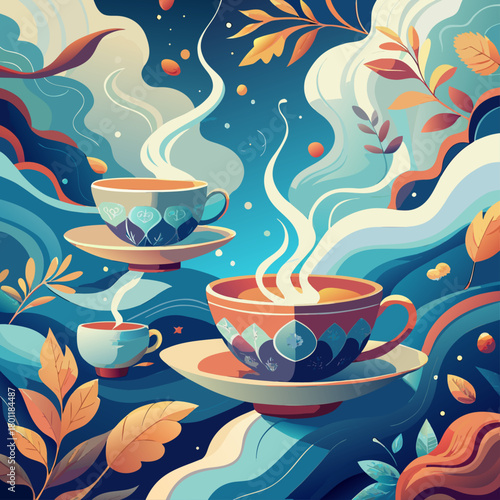 Calming Tea Cups with Swirling Steam Forming Abstract Shapes, Floating Leaves and Soft Clouds Mental Health Illustration