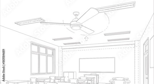 Ceiling fan in classroom sketch with blades and central motor.
