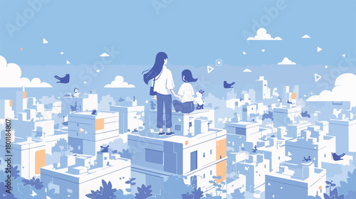 Deux personnes contemplent une ville futuriste et stylisée sous un ciel bleu clair avec des oiseaux.