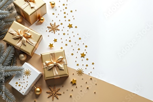 Golden gifts, pine branches, stars and ornaments on warm beige background. Festive holiday scene with elegant gold accents.