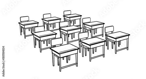 Classroom desks arranged in rows for students to learn and study.