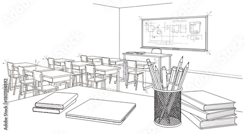 Classroom desk with books pencils and notebooks ready for learning.
